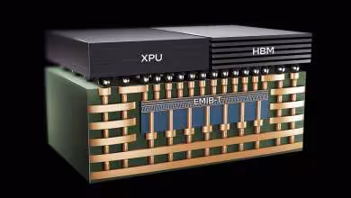Schéma d’assemblage HBM avec XPU et mémoire empilée HBM, interconnect EMIB-T, illustration technique