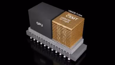 Puce mémoire HBM3E CXMT en empilement 3D sur base GPU, illustration technique 3D