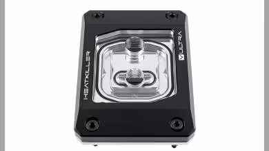 Waterblock HEATKILLER V ULTRA noir, vue de face avec top transparent et ports filetés