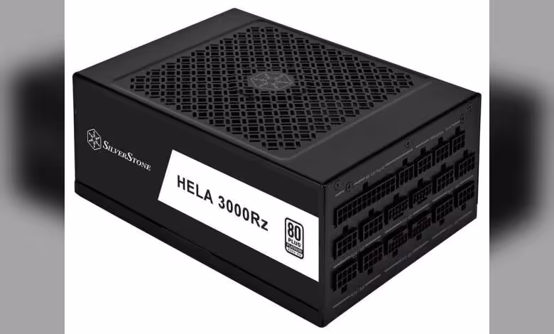 HELA 3000Rz : SilverStone signe une alimentation ATX de 3000 W pour stations IA à 4 GPU 1 Alimentation SilverStone HELA 3000Rz, vue trois-quarts du bloc modulaire noir avec logo 80 Plus