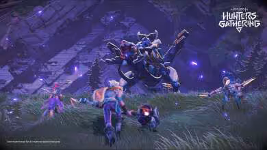 Scène de gameplay Horizon Hunters Gathering avec créatures mécaniques géantes et chasseurs en combat, logo visible en haut à