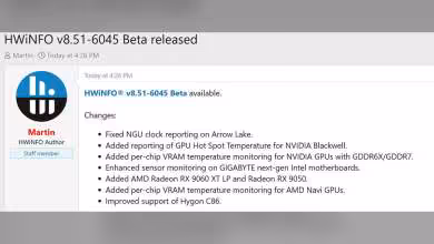 Capture d'annonce HWiNFO 8.51-6045 avec détails sur le monitoring VRAM Radeon et corrections GPU.