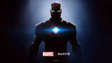 Iron Man en silhouette avec réacteur arc lumineux, logo Marvel et Motive sur fond sombre bleu