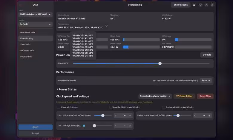 LACT 0.10.0 sur Linux ajoute plus de contrôles NVIDIA et de nouveaux capteurs GPU 1 Interface LACT sur Linux pour NVIDIA GeForce RTX 4080, onglet Overclocking avec contrôles de tension, puissance et ventilatio