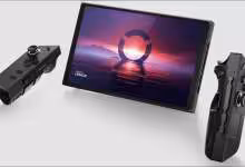 Lenovo Legion Go avec manettes détachables, vue produit de la console portable sur fond blanc