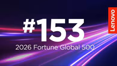Visuel Lenovo Fortune Global 500 2026 avec grand numéro 153, logo Lenovo et fond violet dynamique