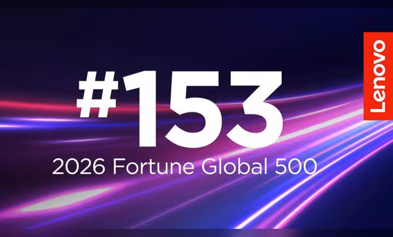 Lenovo Fortune Global 500 : le groupe grimpe au 153e rang porté par l'essor de l'IA 1 Visuel Lenovo Fortune Global 500 2026 avec grand numéro 153, logo Lenovo et fond violet dynamique