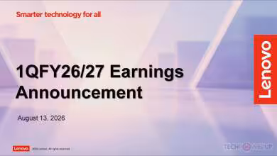 Slide Lenovo 1QFY26/27 Earnings Announcement, datée du 13 août 2026, avec logo Lenovo.