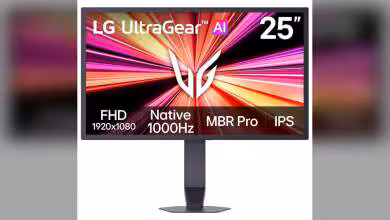 Moniteur LG UltraGear 25 pouces, affichage frontal FHD 1920x1080, Native 1000Hz, MBR Pro, dalle IPS