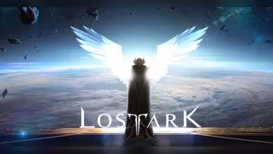 Logo Lost Ark devant un personnage ailé face à l’espace et aux nuages