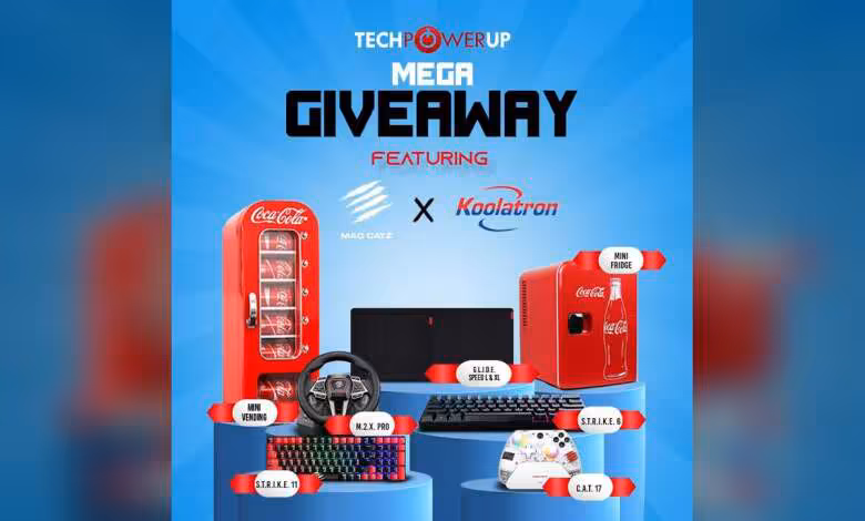 Mad Catz x Koolatron : le concours Back2Kool ferme dans 2 jours aux États-Unis et Canada 1 Visuel TechPowerUp Mega Giveaway Mad Catz x Koolatron avec mini frigo Coca-Cola, volant et clavier RGB