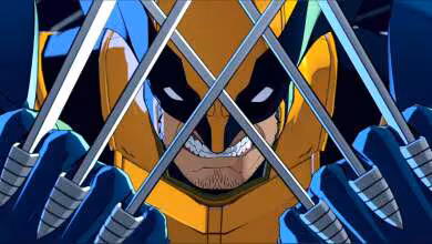 Wolverine en gros plan derrière une grille métallique, illustration animée Marvel avec griffes visibles et regard menaçant