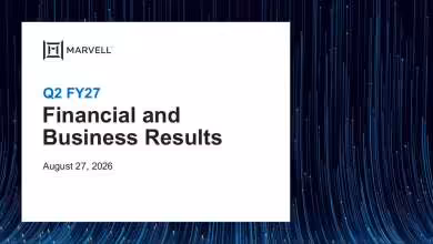 Diapositive Marvell Technology Q2 FY27 Financial and Business Results, avec logo Marvell sur fond bleu.