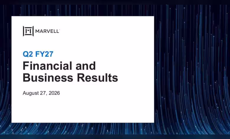 Marvell Technology signe un trimestre record à 2,739 milliards de dollars et relève encore ses prévisions 1 Diapositive Marvell Technology Q2 FY27 Financial and Business Results, avec logo Marvell sur fond bleu.