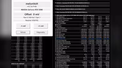 Interface melonVolt et tableau comparatif NVIDIA RTX 5090 fond sombre