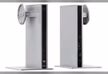 Deux unités centrales modulaires design moderne avec ports USB, fond blanc, éclairage professionnel