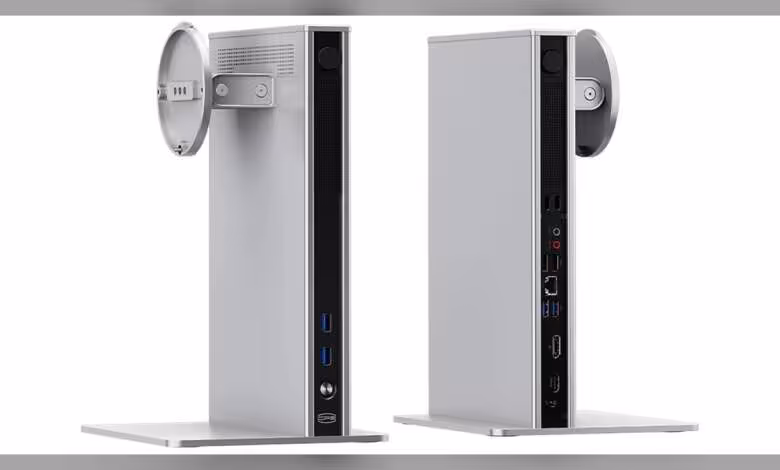 Deux unités centrales modulaires design moderne avec ports USB, fond blanc, éclairage professionnel