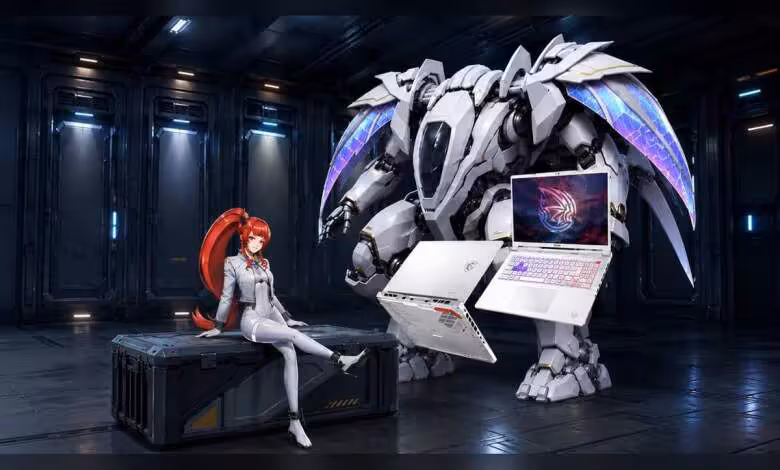 MSI Crosshair A16 HX MLG Edition : un 16 pouces blanc en Ryzen 9 8940HX et RTX 5070 1 MSI Crosshair A16 HX MLG Edition avec figurine, laptop ouvert et visuel promotionnel gaming