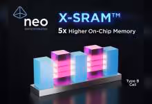 Visuel NEO Semiconductor X-SRAM montrant cellules mémoire Type B et capacité on-chip 5x supérieure, logo NEO AI
