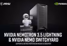 Visuel promotionnel MSI et NVIDIA avec robot Nemotron, tour PC noire, texte Nemotron 3.5 Lightning et Nemo Switchyard