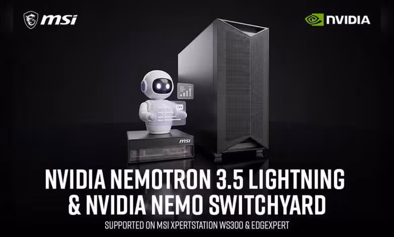 NVIDIA Nemotron 3.5 Lightning arrive sur les MSI XpertStation WS300 et EdgeXpert 1 Visuel promotionnel MSI et NVIDIA avec robot Nemotron, tour PC noire, texte Nemotron 3.5 Lightning et Nemo Switchyard