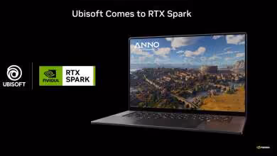 Ordinateur portable RTX Spark affichant jeu Anno, ciel bleu, fond sombre