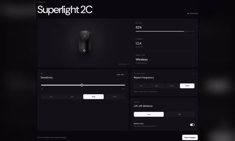 Interface Logitech G HUB pour souris Superlight 2C, réglage sensibilité, polling rate et lift-off distance