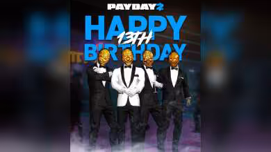 Affiche Payday 2 Happy 13th Birthday avec quatre personnages masqués en costume sur fond sombre fumé