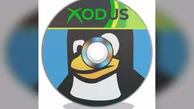Logo XODUS avec pingouin Linux stylisé et objectif au centre, sur fond circulaire vert et bleu