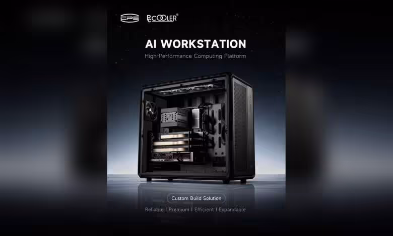 PCCOOLER AI workstations : refroidissement, boîtier et PSU 2500 W pour stations pro 1 Affiche PCCOOLER AI Workstation avec boîtier PC custom build solution et composants internes visibles