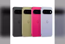 Quatre Google Pixel 11 de couleurs différentes, dos affiché avec module photo horizontal et logo Google