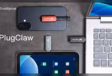 TrustKernel PlugClaw branchée sur smartphone et MacBook, avec interface Android visible