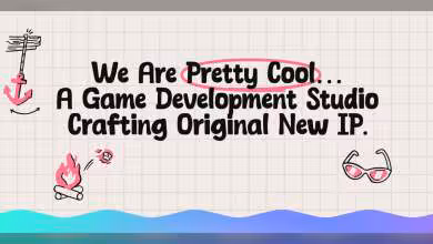 Bannière Pretty Cool Games avec texte studio de développement et illustrations manuscrites