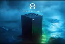 Console Xbox Project Helix noire, design vertical cubique, logo Xbox lumineux, fond océanique bleu-vert spectaculairement bru