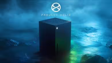Console Xbox Project Helix noire, design vertical cubique, logo Xbox lumineux, fond océanique bleu-vert spectaculairement bru