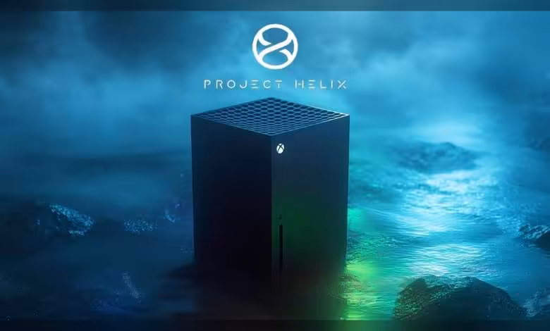 Project Helix : la prochaine Xbox prend la forme d’une famille d’appareils 1 Console Xbox Project Helix noire, design vertical cubique, logo Xbox lumineux, fond océanique bleu-vert spectaculairement bru