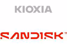 Logos Kioxia et Sandisk sur fond blanc, illustrant l’annonce de mémoires NAND 3D QLC deux téraoctets
