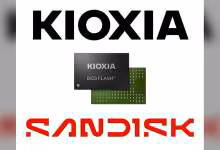 Logos Kioxia et SanDisk avec puce BiCS FLASH et circuit vert illustrant la mémoire NAND 3D