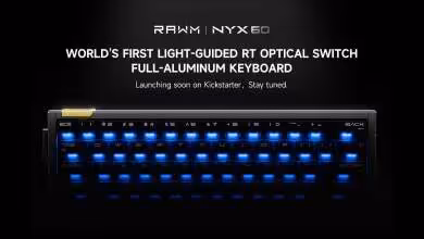 Clavier RAWM Nyx60 en aluminium noir avec rétroéclairage bleu, vue produit principale