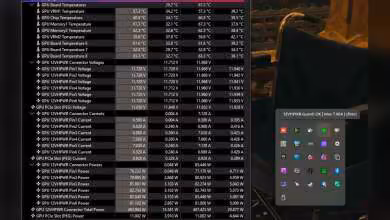 Capture tableau températures et performances GPU NVIDIA GeForce RTX 5090 et ASUS ROG ASTRA