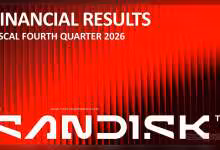Slide Sandisk Financial Results FY2026 avec logo Sandisk rouge sur fond de scène abstraite
