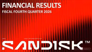 Slide Sandisk Financial Results FY2026 avec logo Sandisk rouge sur fond de scène abstraite