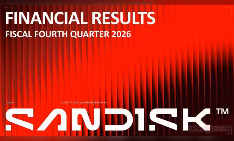 Sandisk boucle un T4 2026 record avec 8,97 milliards de dollars de revenus 1 Slide Sandisk Financial Results FY2026 avec logo Sandisk rouge sur fond de scène abstraite