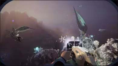 Capture Subnautica 2 montrant un pistolet futuriste visé sur créatures aquatiques et coraux lumineux sous-marins
