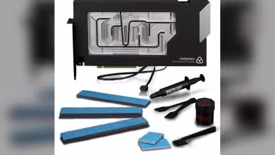 Kit complet de refroidissement liquidé pour GPU avec accessoires, fond blanc, contrastes forts