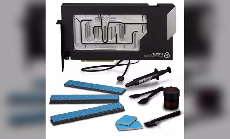 DeltaMate RTX 5090 Glass Edition : le waterblock Thermal Grizzly à 643,38 dollars 1 Kit complet de refroidissement liquidé pour GPU avec accessoires, fond blanc, contrastes forts