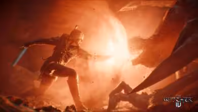 Scène de combat cinématique de The Witcher 4, fond rouge/orangé avec logo du jeu en bas à droite