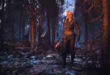 Personnage féminin en armure dans une forêt enneigée, style médiéval-fantastique.