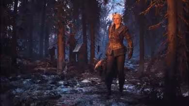 Personnage féminin en armure dans une forêt enneigée, style médiéval-fantastique.