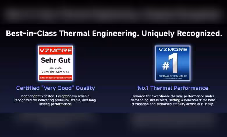 mini PC VZMORE : Panther Lake, Gorgon Point et Strix Halo jusqu'à 120 W en octobre 1 Capture texte certifications thermiques et qualité VZMORE fond bleu L'image 1 est la plus percutante et remplie au mieux les